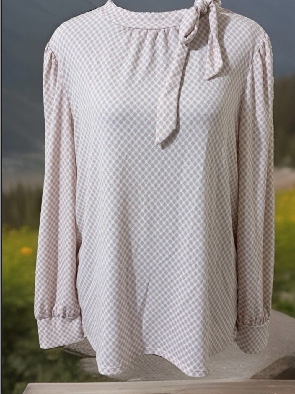 Adrianna Papell Pink Gingham Check Tie Neck Blouse Top Knit Long Sleeve L
